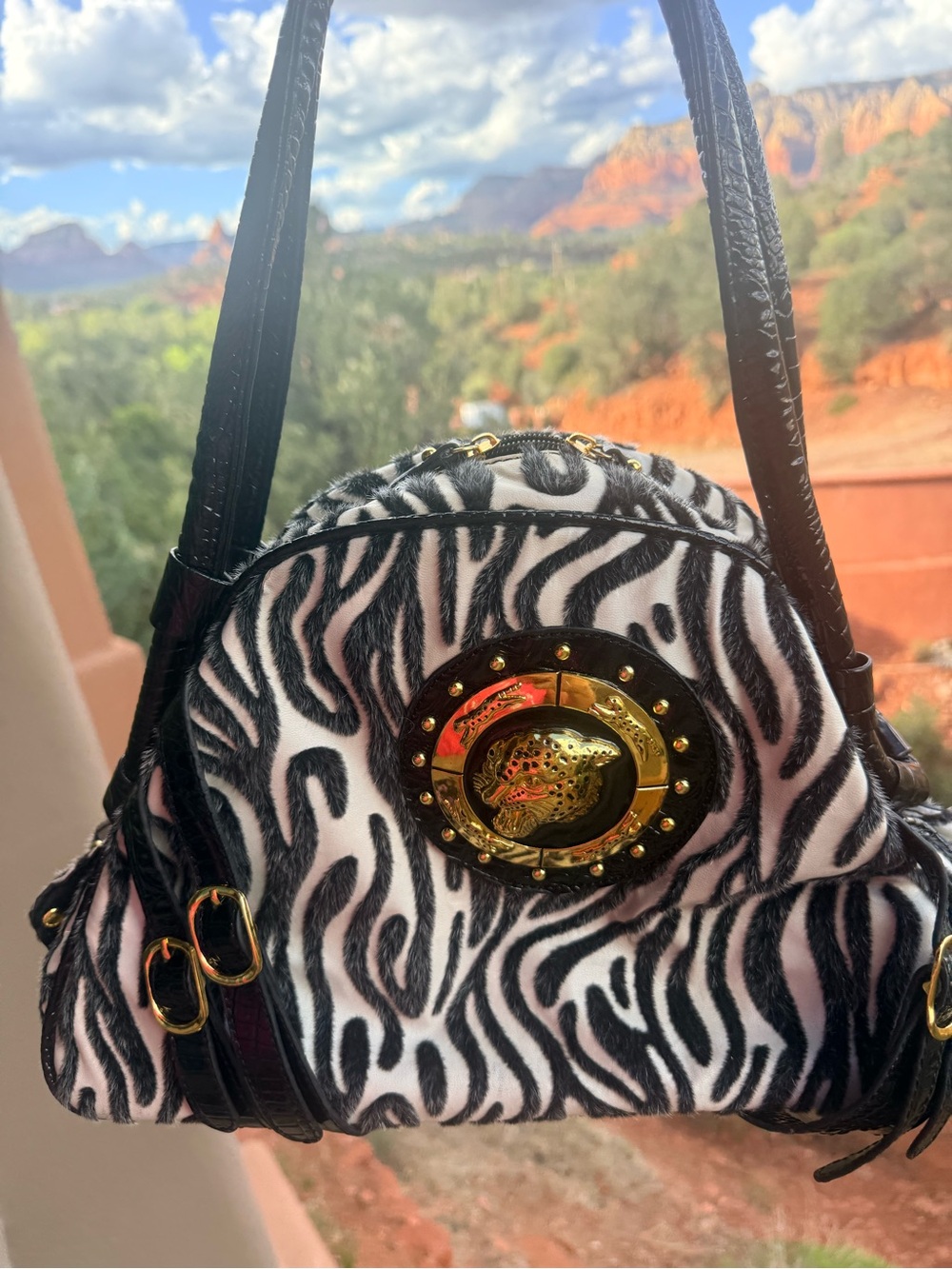Glam Black & White Zebra Print Faux Calf Hair Shoulder Bag w Leopard hardware